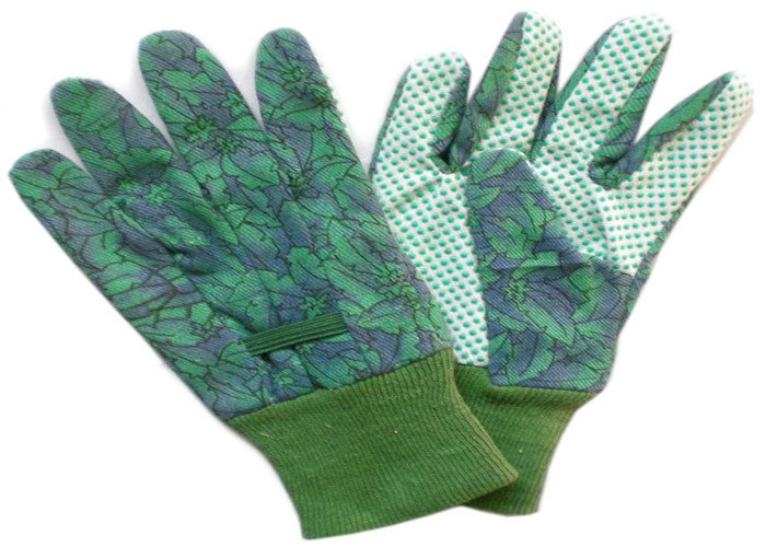 Green Knit Wrist Working Hands Gloves Green Pvc Dot Grip Garden Cotton Canvas Gloves